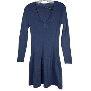 MODA International Sz M Sweater Dress Dark Navy Blue LS Wool Blend Fit & Flare